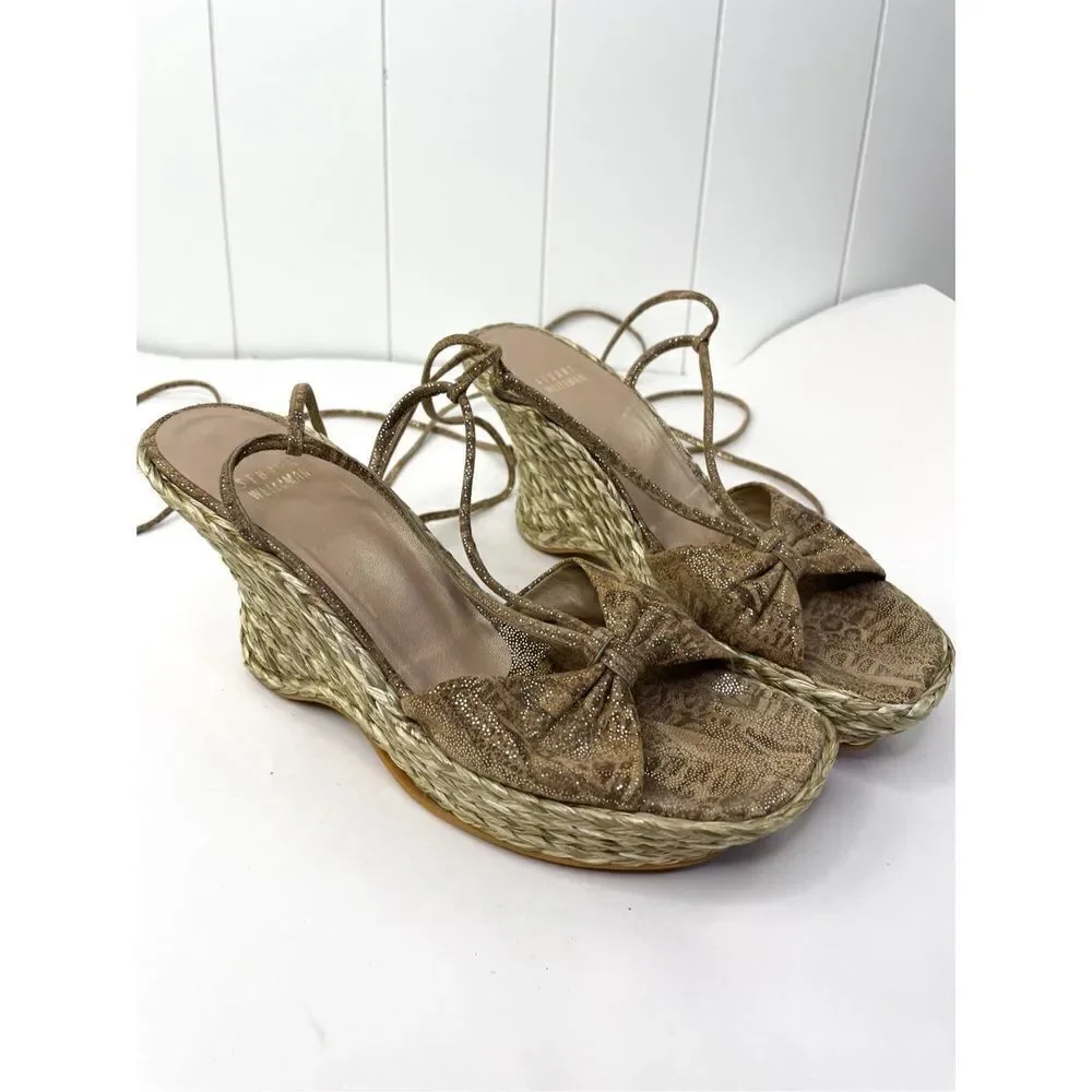 Stuart Weitzman Wishful Espadrilles Wedge Tan Nairobi‎ Patch Ankle Wrap Size 10